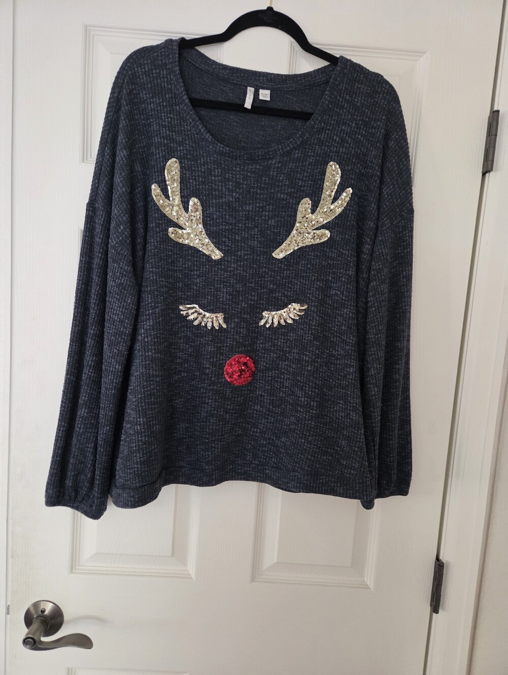 Cute Christmas Reindeer Sweater Charcoal Grey With Sequin Design